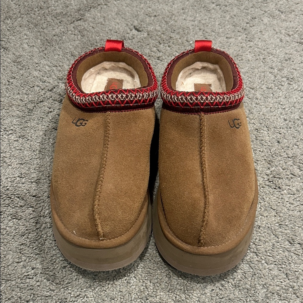 UGG Tan Suede Slip-On Shoes with Red Trim